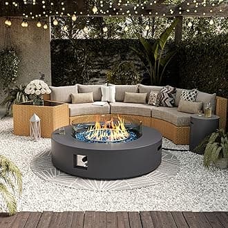 UPHA 50000 BTU Outdoor Gas Fire Pit Table Concrete Round FirePit with Propane Tank Cover, Lava Rocks, Rain Cover, Black