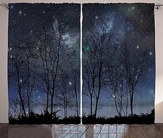 Ambesonne Night Sky Curtains, Deep Spooky Forest Branches Cosmos Galaxy Stars Clusters Astronomy View, Living Room Bedroom Window Drapes 2 Panel Set, 108" X 63", Black Blue