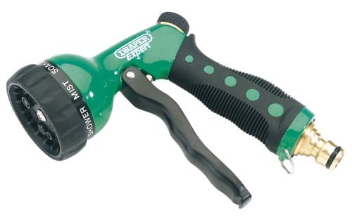 EXPERT 7 PATTERN SPRAY GUN WITH BRASS CONNECTOR - Expert Quality, seven pattern spray gun with an aluminium diecast body and contoured rubber grip. Pistol-grip trigger has locking loop. Nozzle can be adjusted to give seven spray patterns: flat, jet, shower, centre (gentle flow), mist, soaker, cone. Display packed.