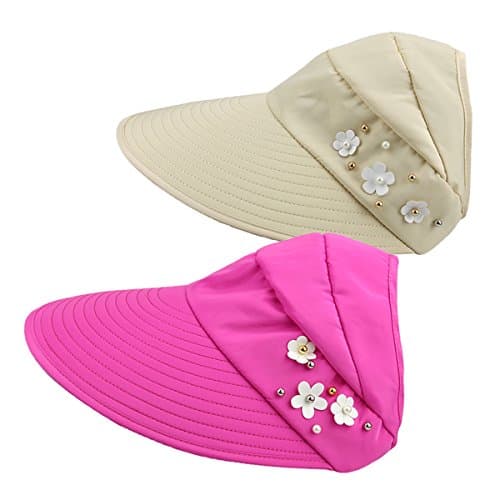 Sun Cap - 2 Pack Ladies Foldable Beach Hat Wide Brim Plain Visor Hat Summer UV Sun Protection Travel Casual