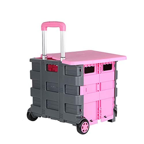 Shopping Trolley Foldable PP Plastic Can Sit Storage Box Telescopic Rod with 4 PVC Wheels Supermarket, 36 X 32 X 32cm (Color : Pink)