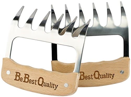 Meat Claws Stainless Steel Shredders – Pull, Handle, Carve BBQ Pulled Pork, Brisket, Turkey – BPA-Free Metal Forks and Wooden No-Slip Grips for Grill, Smoker, Crockpot by Be Best Quality, 2 Bear Claws