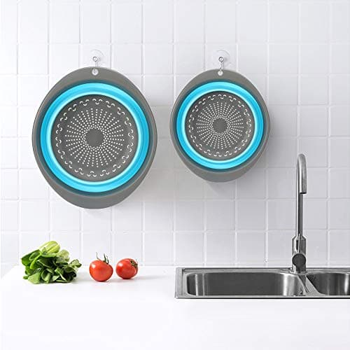 Colander Set - 2 Collapsible Colanders Set, Learja Food-Grade Silicone kitchen Strainer Space-Saver Folding Strainer Colander, Sizes 8 inches - 2 Quart, and 9.5 inches - 3 quart. (Blue Colanders)