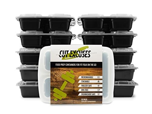 Meal Prep Containers by Cut Excuses: 10-pack 3-compartments lidded food containers/clear, stackable,leak-proof, air-tight food storage containers BPA-Free, microwave, dishwasher, & freezer safe