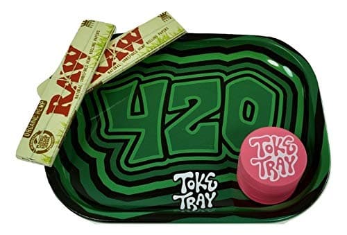 Rolling Tray Bundle with Pink Grinder | Set Includes - Green 420 Weed Metal Tray, 2 Packs Raw King Size Slim Rolling Papers & 3-Piece Pink Zinc Grinder
