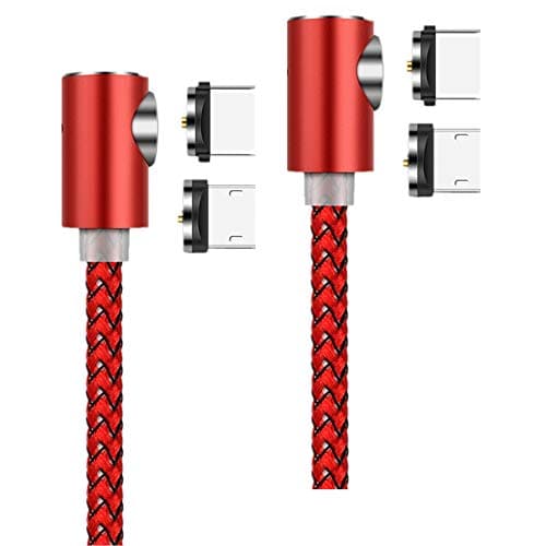2 Pack Magnetic Cable 1m+3m 90 Degree Right Angle Braided Charger Cord 360 Degree Rotating Round Head Compatible with All Android Micro USB & Type C Devices (2 Cable with 4 Plugs)