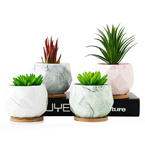 Marble Ceramic Planter Pot,Drainage Cactus Pots Home and Office Decoration Desktop Planter Pot with Bamboo Tray,Set of 4 …