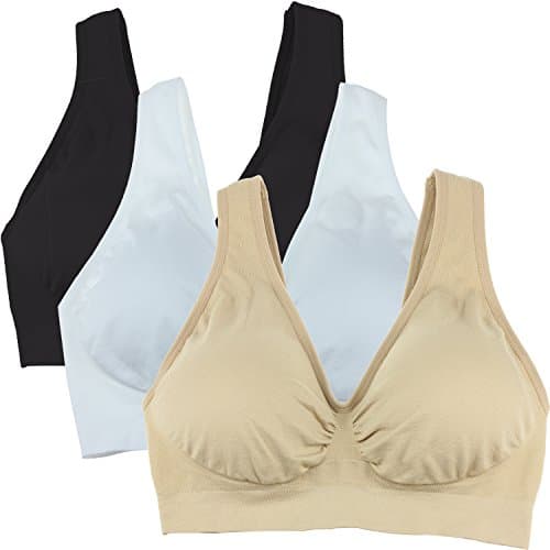 KINYAOYAO Women's 3-Pack Plus Size Seamless Light Support Wire-Free Bra,Black,White,Beige,2X