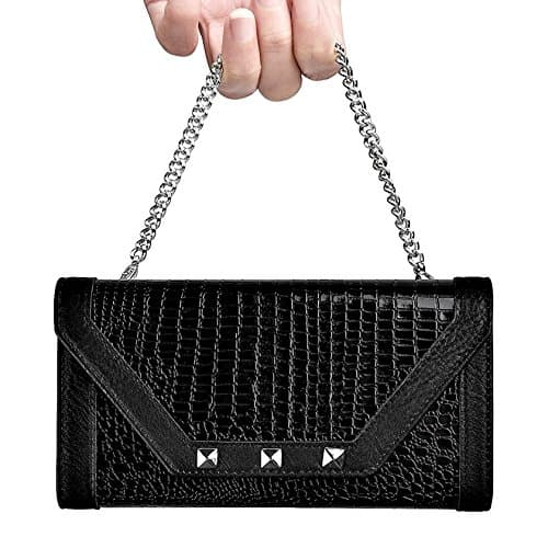 iPhone 7 Plus 5.5” Wallet Case, Studded Folio Crossbody (Wristlet) Wallaet, Four Card Slots, Folio Pocket, Detachable Crossbody Strap and Chain Wristlet Strap, Bi-Cast Leather, Rear Pocket, Black