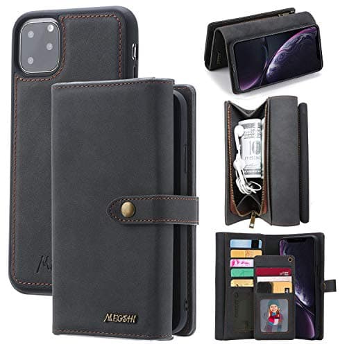 iPhone 11 Pro Max Leather Wallet case, HATA iPhone 11 Pro Max Detachable Magnetic Zipper Flip Wallet Case Removable Front Pocket 10 Card Slot Holder Purse Clutch Cover for Man Women (Gray)