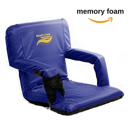 Memory Foam Extra Wide Stadium Bleacher Seats w/Back+Armrest | Large Folding Bleacher Chair Adjust 6-positions with Water Resistant Material, Cup Holder & Backpack Traps for on-the-go (Blue)