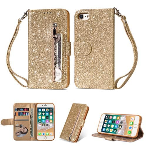KANTAS iPhone 6S Plus/6 Plus Glitter Zipper Wallet Case, Bling Bling Sparkle PU Leather Book Cover with Card Slots Kickstand Function Magnetic Closure Flip Case for iPhone 6S Plus/6 Plus (5.5"), Gold