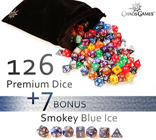 7 Blue Silver Polyhedral Dice or 126 + 7 BONUS Dice by Chaos Games - Premium Complete Sets of 7 In 19 Colors - d4, d6, d8, d10, d12, d20, Percentile % die - Board Games, Role Play, RPG, D&D, MTG, Math