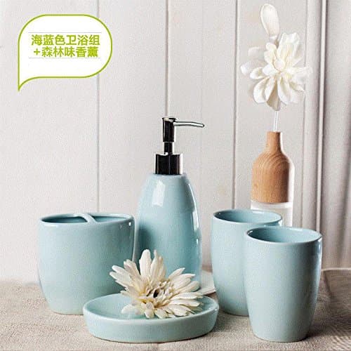 Modern Design 5Piece Ceramic Bathroom Accessory Set , Soap Dish, Tooth Brush Holder, Soap Dispenser,F Sea Blue + Aromatherapy