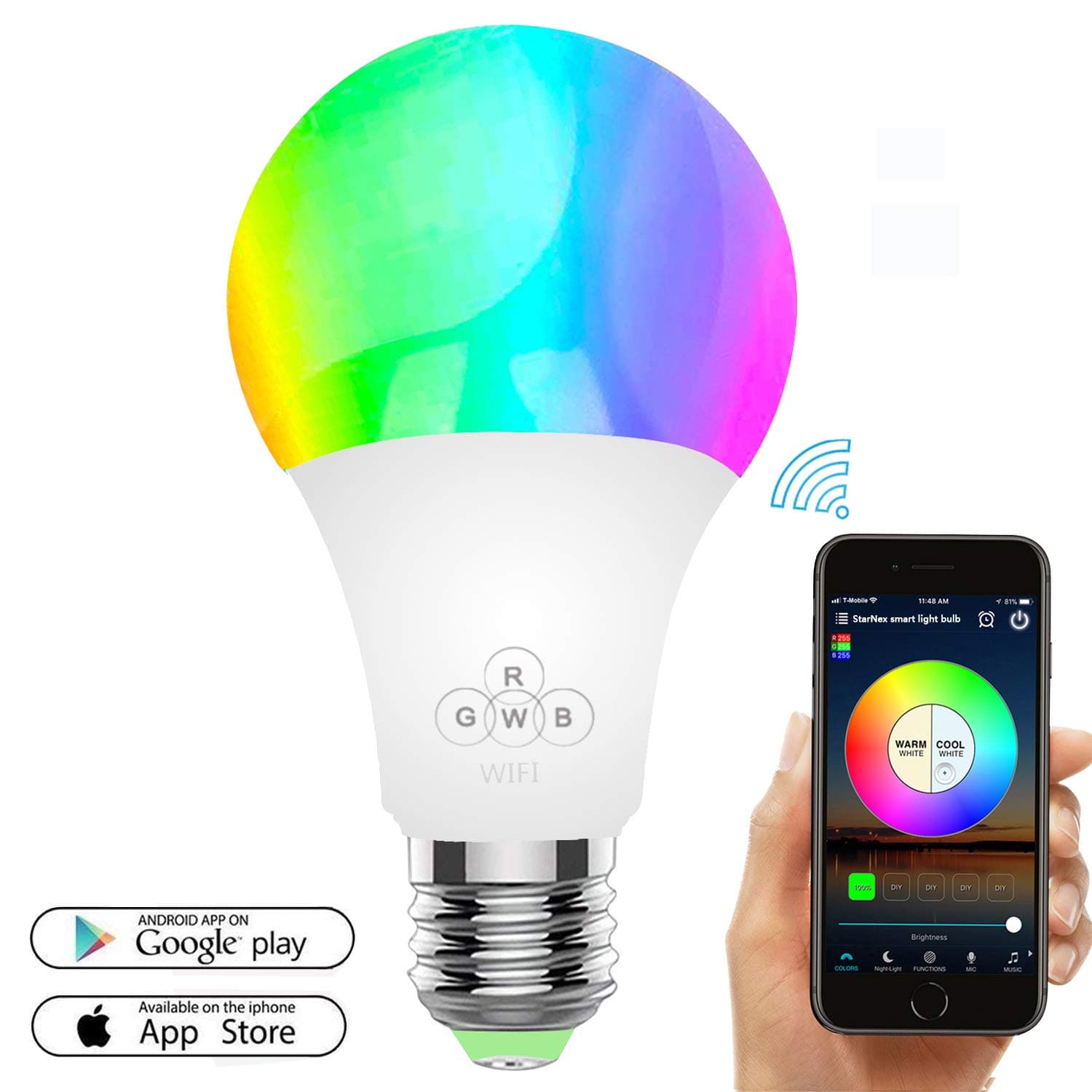 Smart LED Light Bulb, WiFi Light Bulbs 50W Equivalent, Dimmable RGBW Colour Changing Light with APP Remote Control, E27 Wake-Up Lights Smart LED Light Bulb Compatible with Alexa, Google Home(6.5W) …