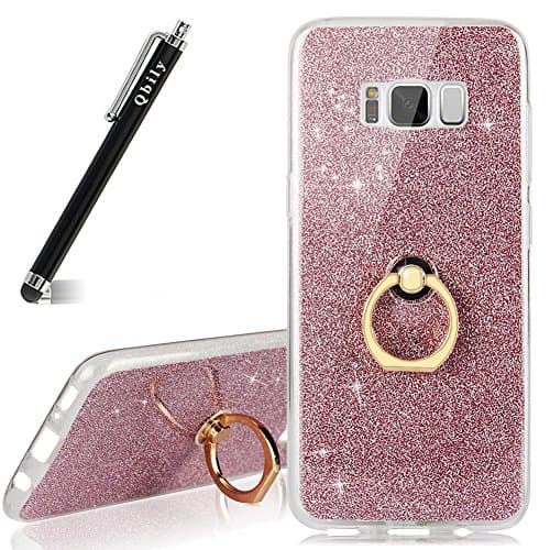 Qbily Galaxy S8 Plus Case with Ring Holder Kickstand, 360 Degree Rotating Ring Holder Grip Case Slim TPU Silicone Cover Glitter Sparkle Back Clear Bumper Case for Samsung Galaxy S8 Plus - Rose Gold