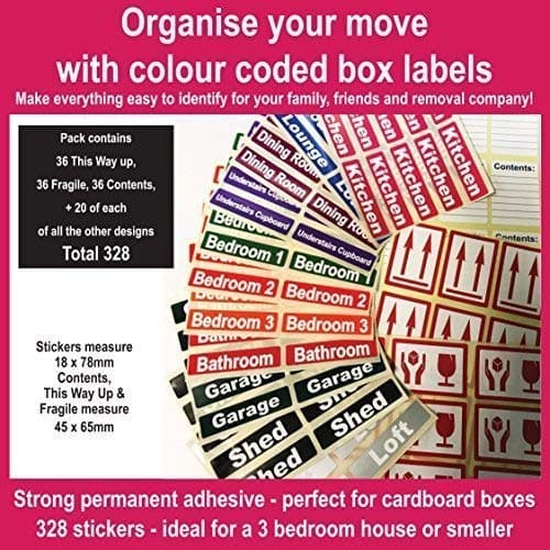 328 Room Labels for Moving Home - Colour Coded Box Labels/Stickers - Organise Your House Move
