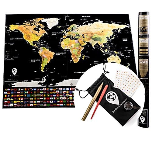 Scratch Off World Map: 252 Country Flags, Major Cities, National Forests FREE: Scratch Tool, Cleaning Cloth, Magnifying Glass, Gold Erasable Marker, 2 Sticker Sheets, Carrying Pouch 32.4 X 23.4 inches