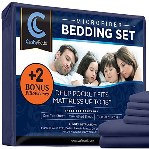 Premium Bed Sheet Set by CushyBeds - Brushed Microfiber 1800 Bedding - Hypoallergenic, Wrinkle, Fade, Stain Resistant - 6 Pieces Includes 2 BONUS Pillow Case (King, Navy Blue)