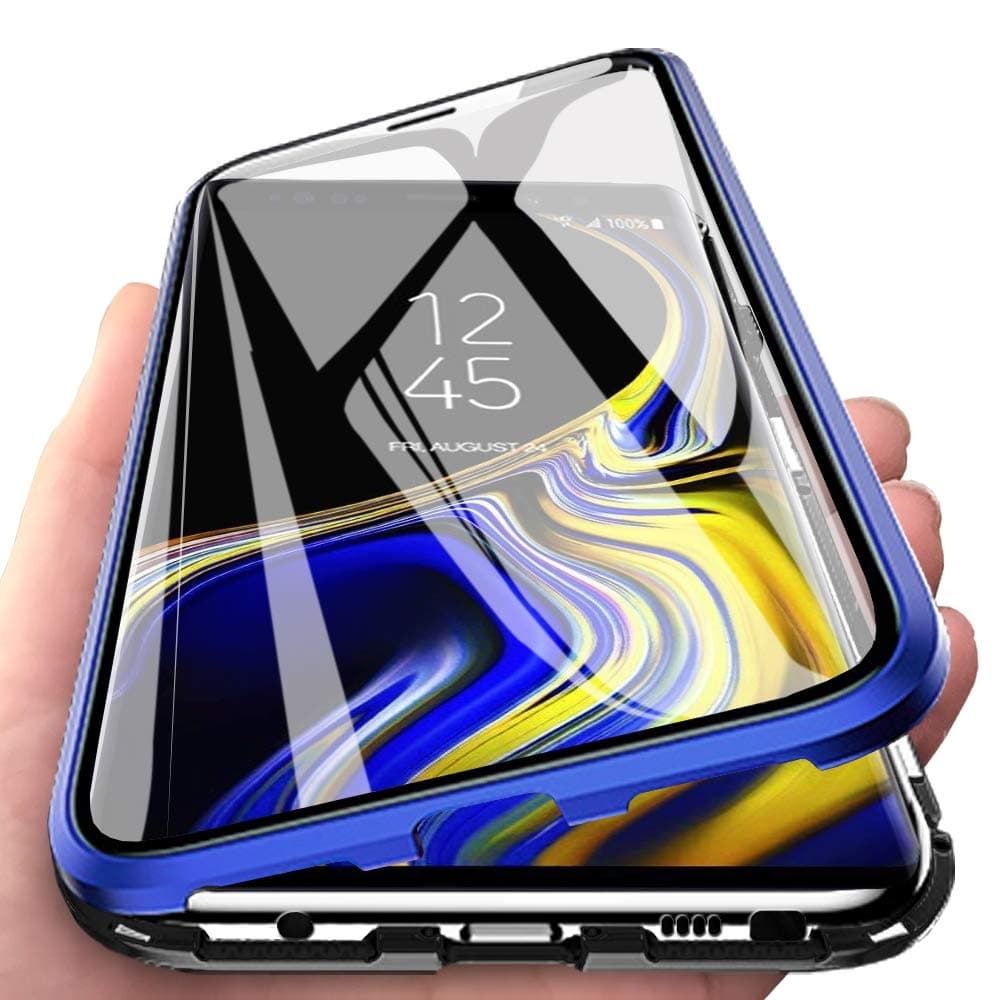 Eabuy Galaxy Note 9 Case, 360° Full Body Transparent Tempered Glass with Magnetic Adsorption Metal Bumper Case Cover for Samsung Galaxy Note 9 Blue Black
