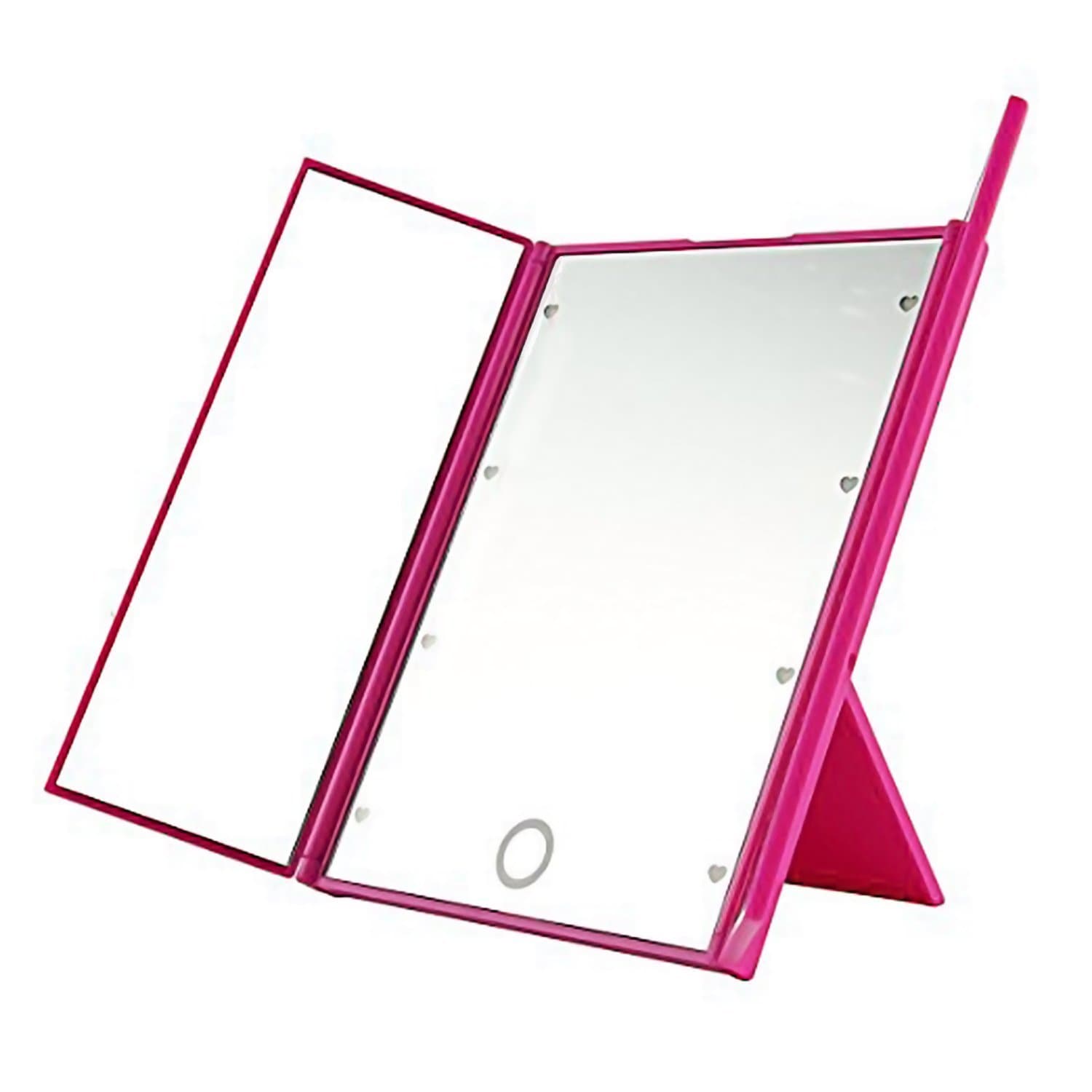 Tri-Fold LED Light Travel Vanity Makeup Mirror, Small Compact Cosmetic Led Light Vanity Mirrors Folding Illuminating Travel Mirror with Led Lights (Pink)
