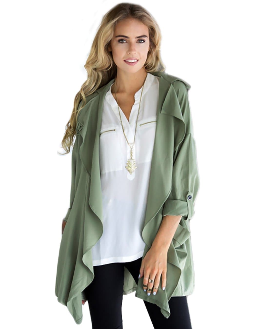 Women's Open Front Draped Collar Drawstring Waist Loose Jacket Coat
