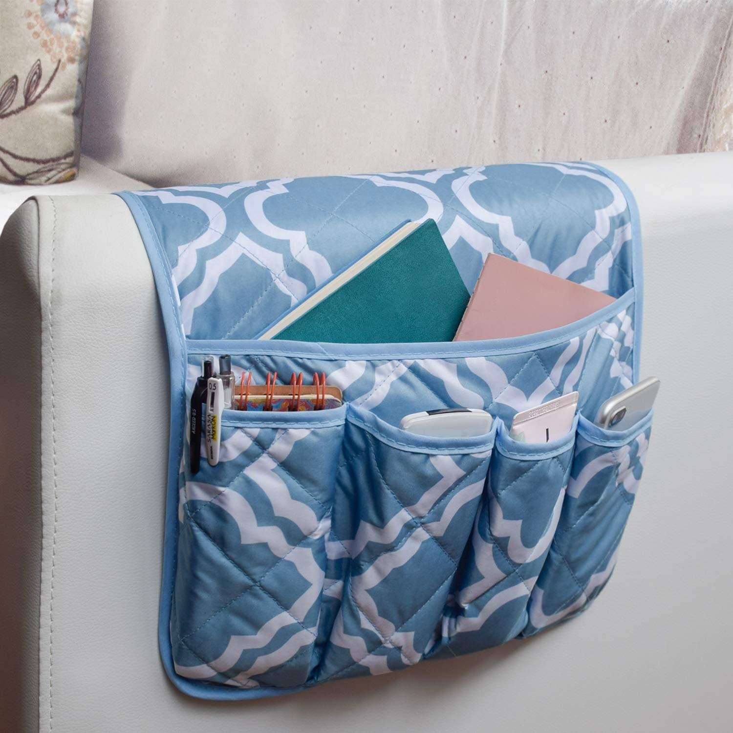 MDSTOP 5 Pockets Remote Control Holder, Magazine Rack, Space Saver Organizer, Draped Over Sofa, Couch, Recliner Armrest(Blue + White)
