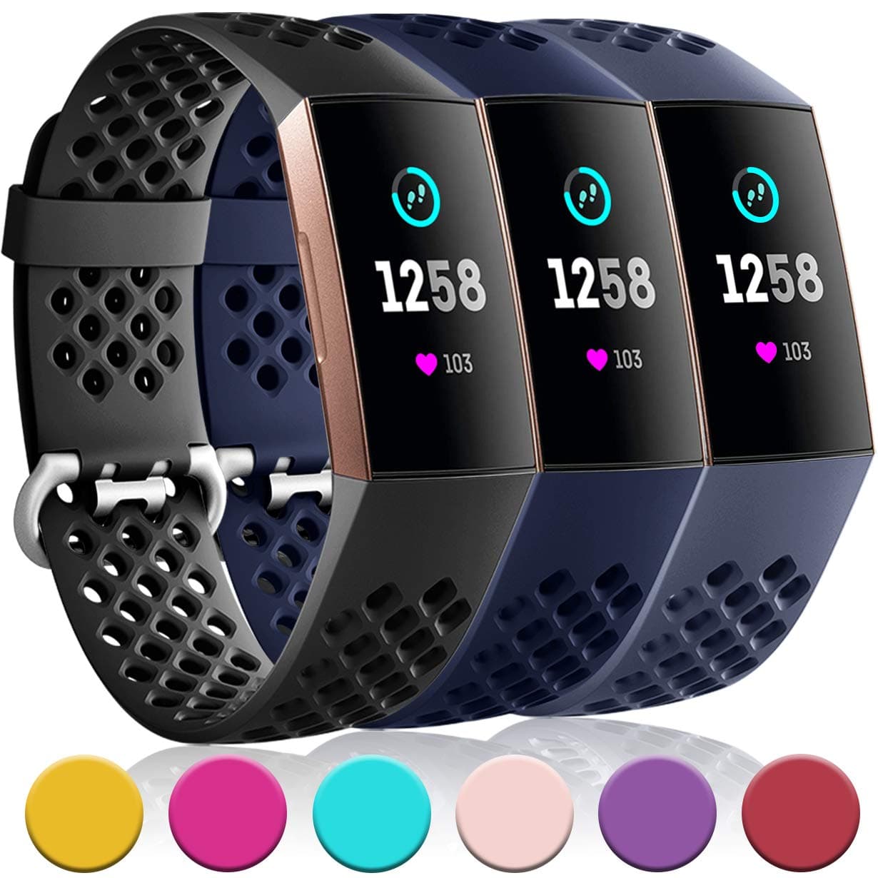 Nofeda Bands Compatible with Fitbit Charge 4 / Charge 3 / Charge 3 SE, Air Holes Breathable Sport Replacement for Fitbit Charge 3/ Charge 4 Fitness Tracker Women Men, Large, Black/Navy Blue/Blue Gray