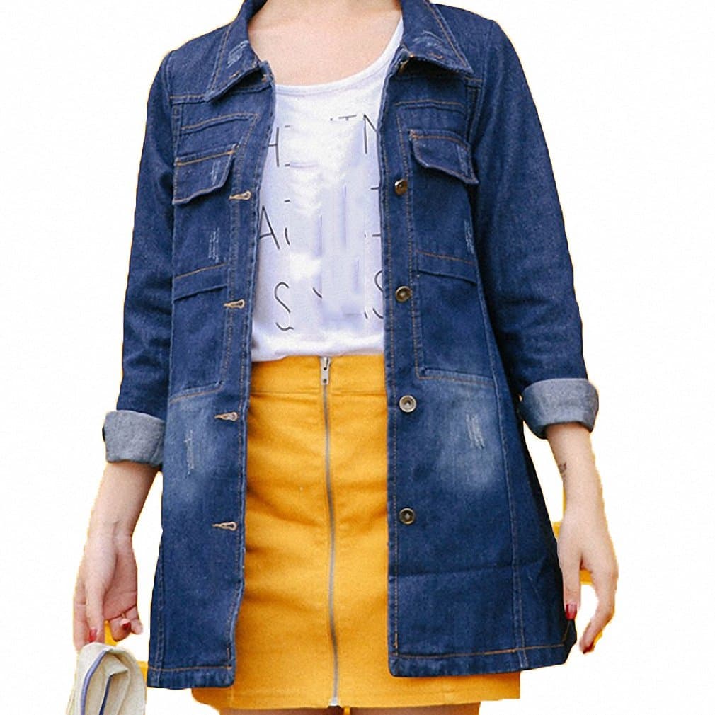Huiwa Womens Denim Jacket Plus Size Solid Color Long Sleeve Loose Bomber Basic Coat