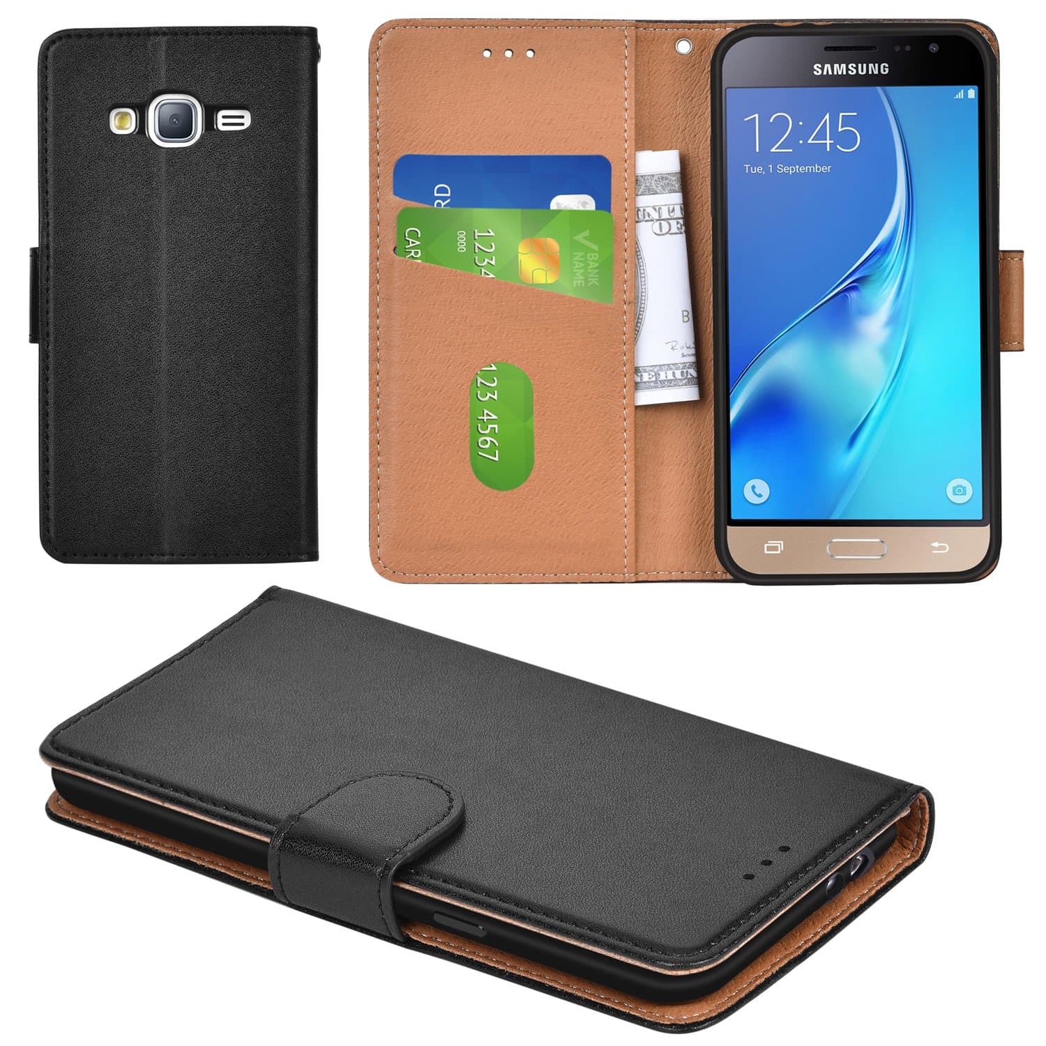 Galaxy J3 2016 Case, Galaxy J3 2015 Case, Aicoco Flip Cover Leather, Phone Wallet Case for Samsung Galaxy J3 2016 / J3 2015 - Black