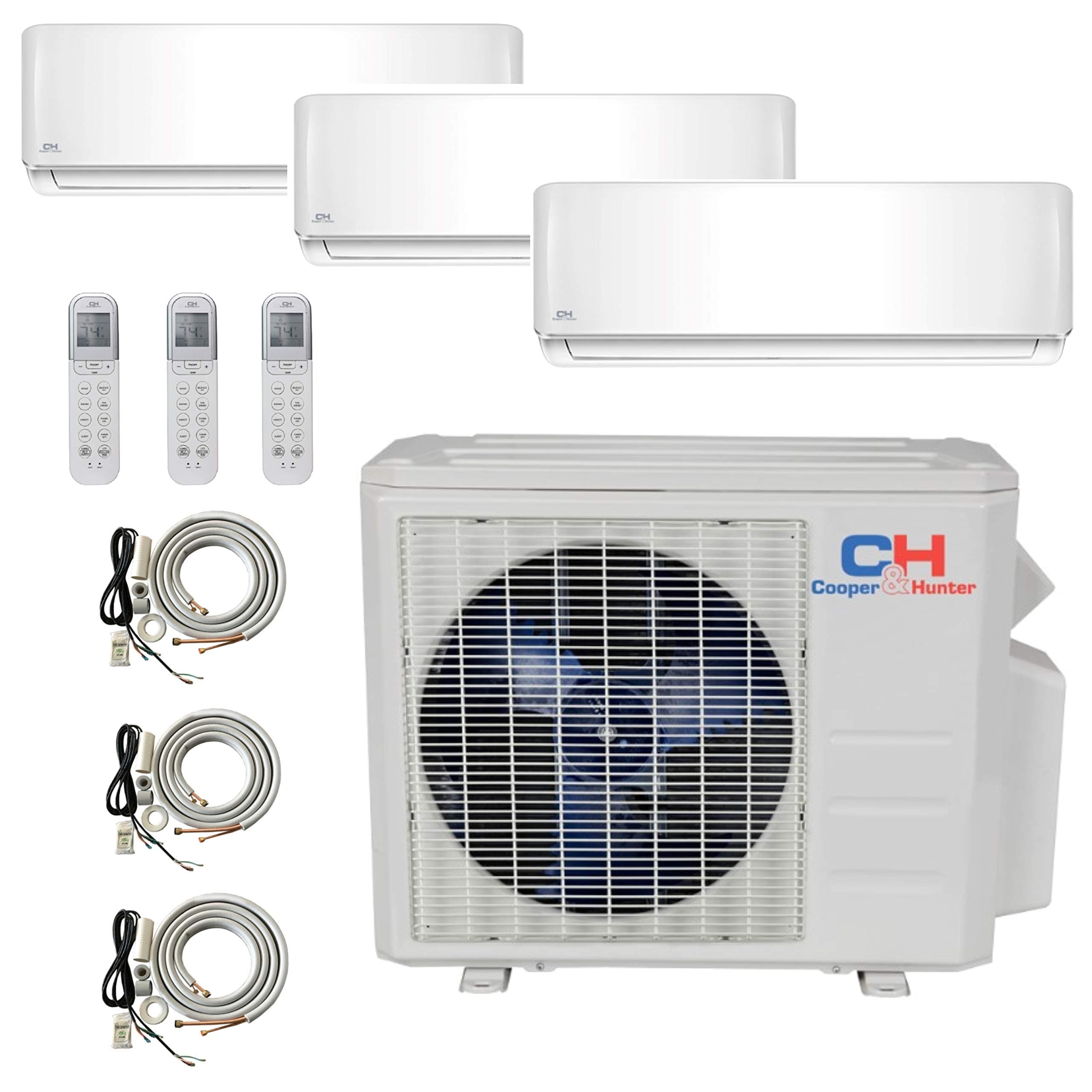COOPER AND HUNTER 3 Zone Mini Split - 9000 + 12000 + 24000 - Ductless Air Conditioner - Pre-Charged Tri Zone Mini Split - Includes Three 25' Linesets - Premium Quality - USA Parts & Support