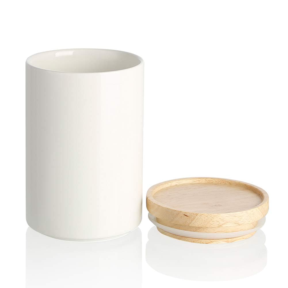 Kitchen Canisters Ceramic Food Storage Jar, Stackable Containers with Airtight Seal Wooden Lid for Serving Ground Coffee, Tea, Sugar, Salt and More - 28 Fl Oz (White)