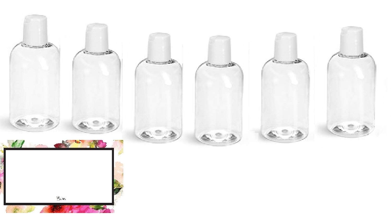Baire Bottles - 4 oz CLEAR PLASTIC REFILLABLE BOTTLES with WHITE HAND-PRESS FLIP DISC CAPS - For TRAVEL OR GIFTING Soap, Shampoo or Lotion - PET, BPA Free, Lightweight, 6 Pack, BONUS 6 FLORAL LABELS