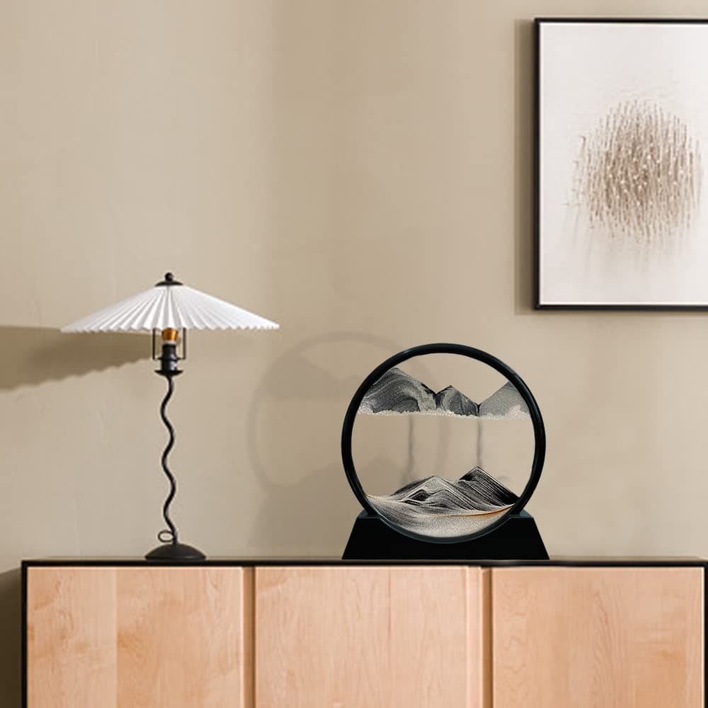 Aoderun Moving Sand Art Picture Round Glass 3D Deep Sea Sandscape in Motion Display Flowing Sand Frame Relaxing Desktop Home Office Work Decor (12", Black)