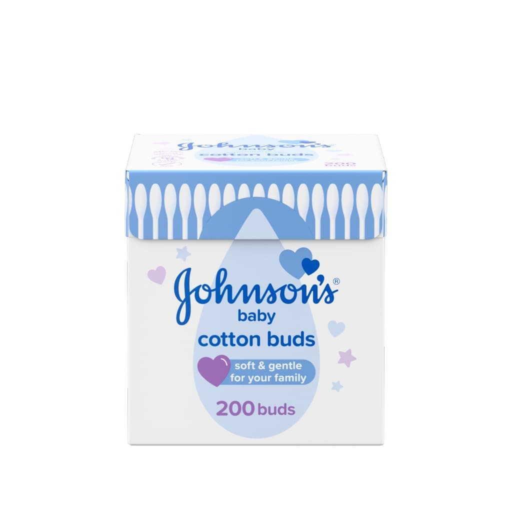 Johnson's Baby Cotton Buds (1 x Pack of 200) Soft & Gentle Ear Buds for Delicate Skin, Made of 100% Pure Cotton and Paper Sticks, Plastic-Free to Clean Delicate Areas, around Eyes and Outer Ear