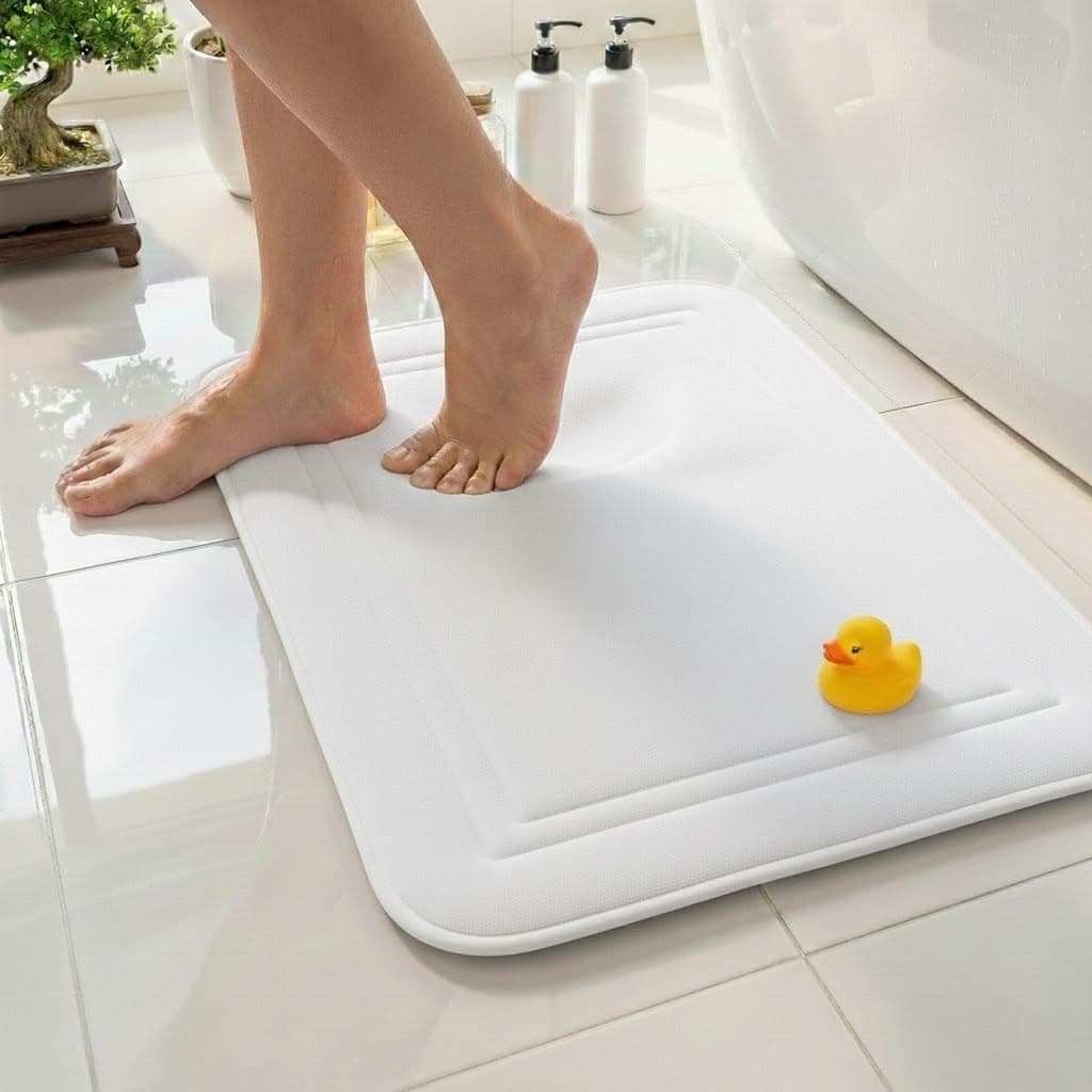 Memory Foam Bath Mat 24x16, Non Slip, Machine Washable, Quick Dry & Absorbent Rugs, Bath Mats for Bathroom Floor, Tub & Shower, Bathroom Rug, White