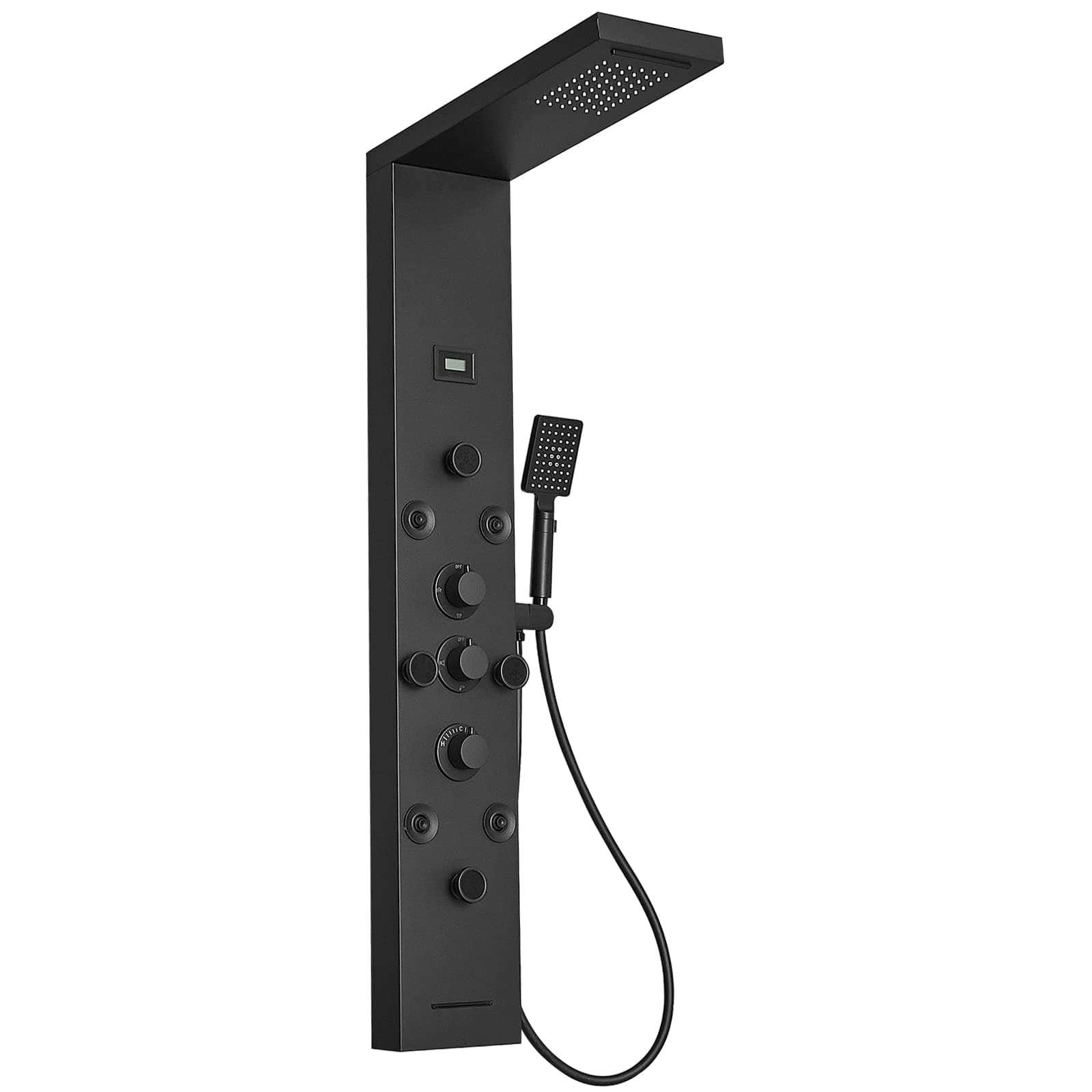 Shower Panel Rainfall Waterfall with Handheld Shower Matte Black 6 IN 1 Stainless Steel Shower Tower Panel System Massage Body Jets with Tub Spout Water Temperature Display Wall Mount