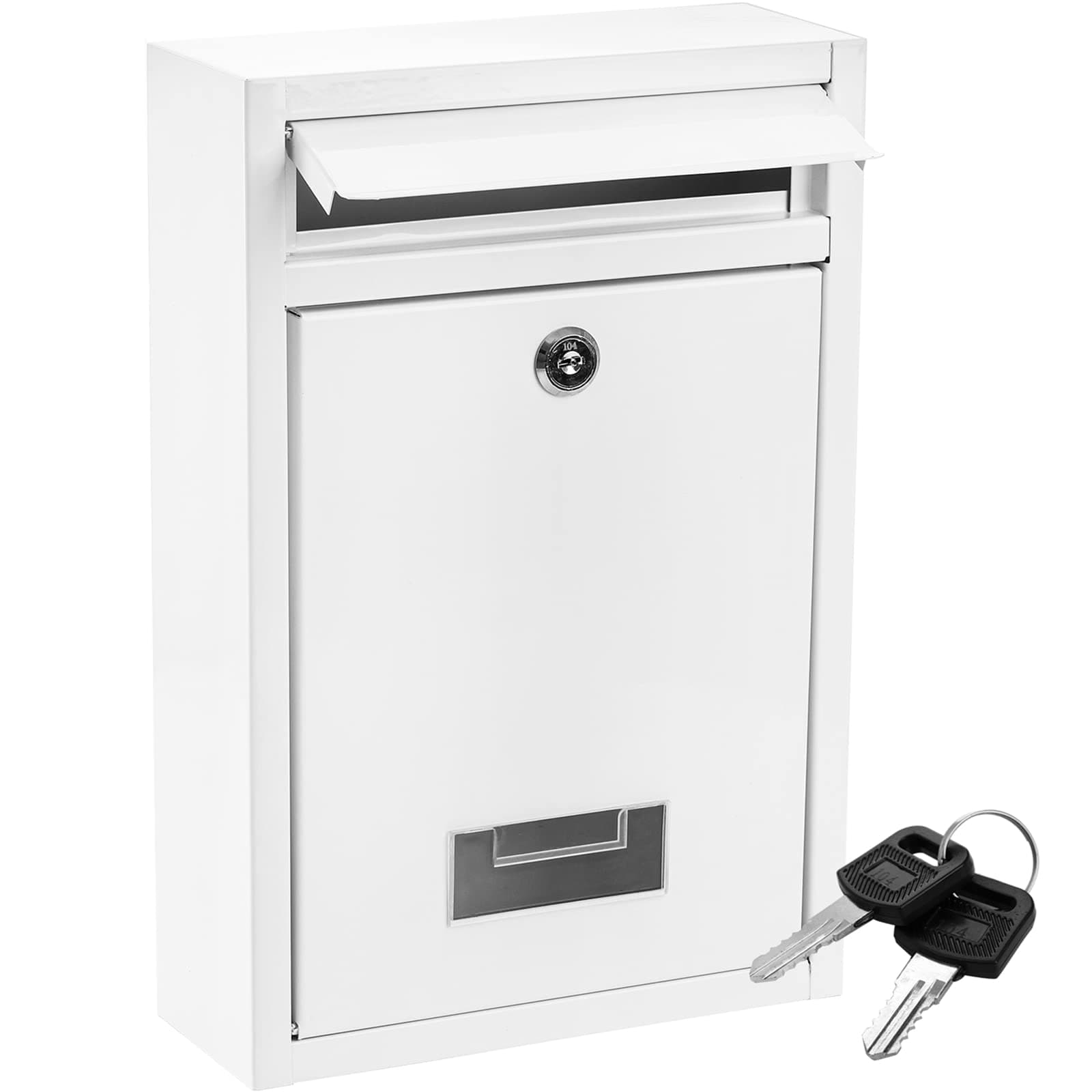 DEAYOU Wall Mount Mailbox with Key Lock, Locking Mail Box for Outside, Steel Cover Metal Dropbox, Security Postbox with Slot for Envelope, Letter, Home, Office, 12.6" H x 8.5" L x 3.3" W, White