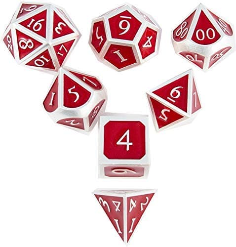 DND Polyhedral Metal Game Dice Silver and Red 7pc Set for Dungeons and Dragons DND RPG MTG Table Games D&D Pathfinder Shadowrun and Math Teaching
