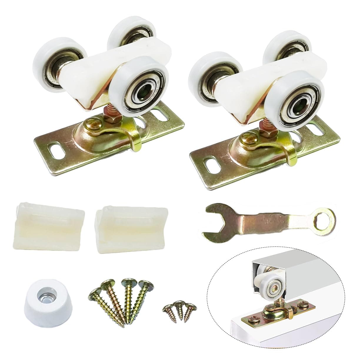 2 Pack Sliding Pocket Door Rollers Replacements Top Hanger Sliding Door Hardware Wheels Assembly Fit Johnson Part Hardware Kit, Ball Bearing 1 inch Wheels, 220 lb Capacity Door