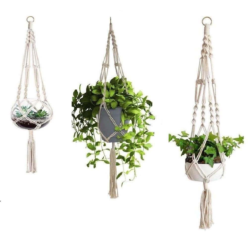fixinus 3 Pack Macrame Plant Hanger with S-L Size, 4 Legs Cotton Woven Hanging Plant Holder Plant Pot Stand Ideal for Indoor Outdoor Home Birthday Decor