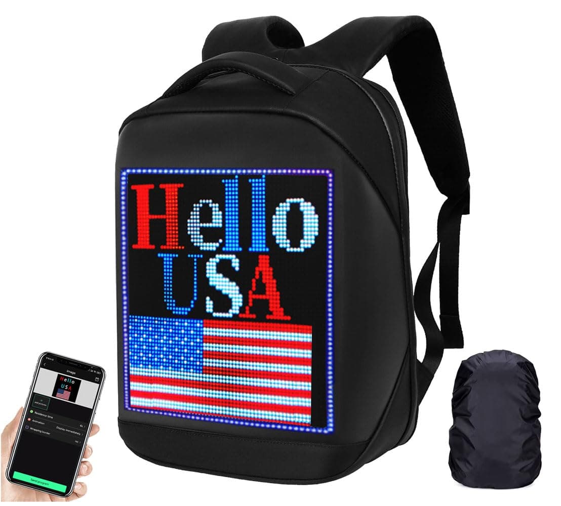 Smart Bluetooth LED Backpack with Colorful LED Sign Panel and Programmable, DIY Laptop Daypack Bag,Black (Medium 21L,with Rain Cover)