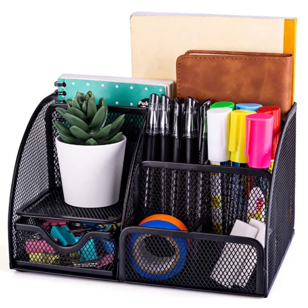 CLOUDFOUR Mesh Desk Organizer Office Supplies Multi-Functional Caddy Pen Holder Stationery Organizer for Office, Home, School, Classroom (6 Compartments and 1 Drawer) (Black - Shape B)