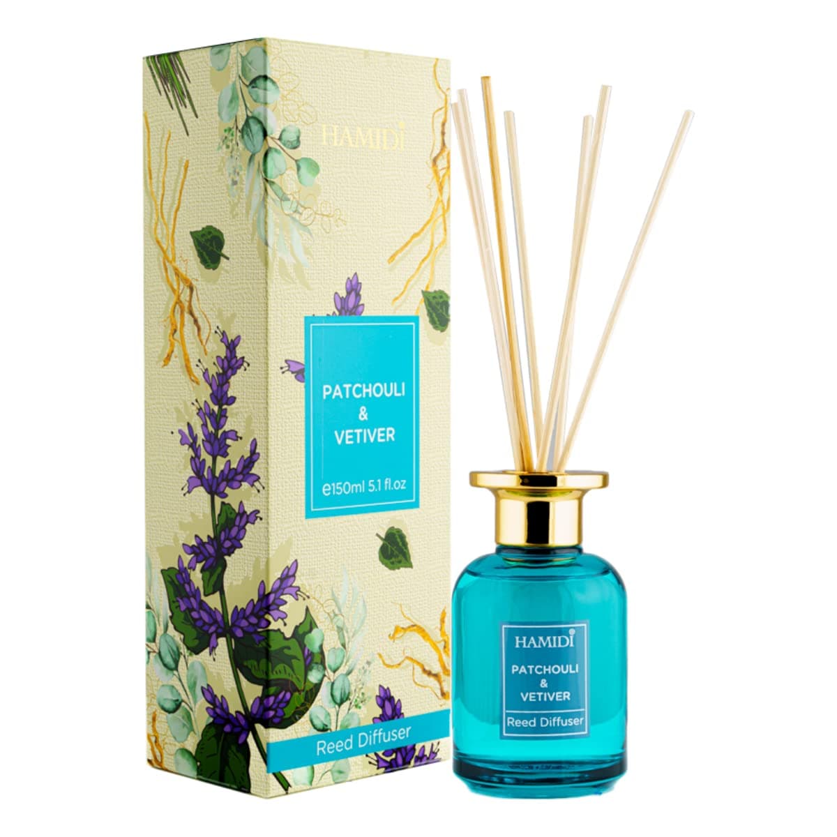 Hamidi Patchouli & Vetiver Reed Diffuser 150ml Scented Stick Set, Non Alcoholic, Indoor & Outdoor, Aromatherapy, Air Freshener Reed Diffusion Oil, Refill, Relaxing, Long Lasting