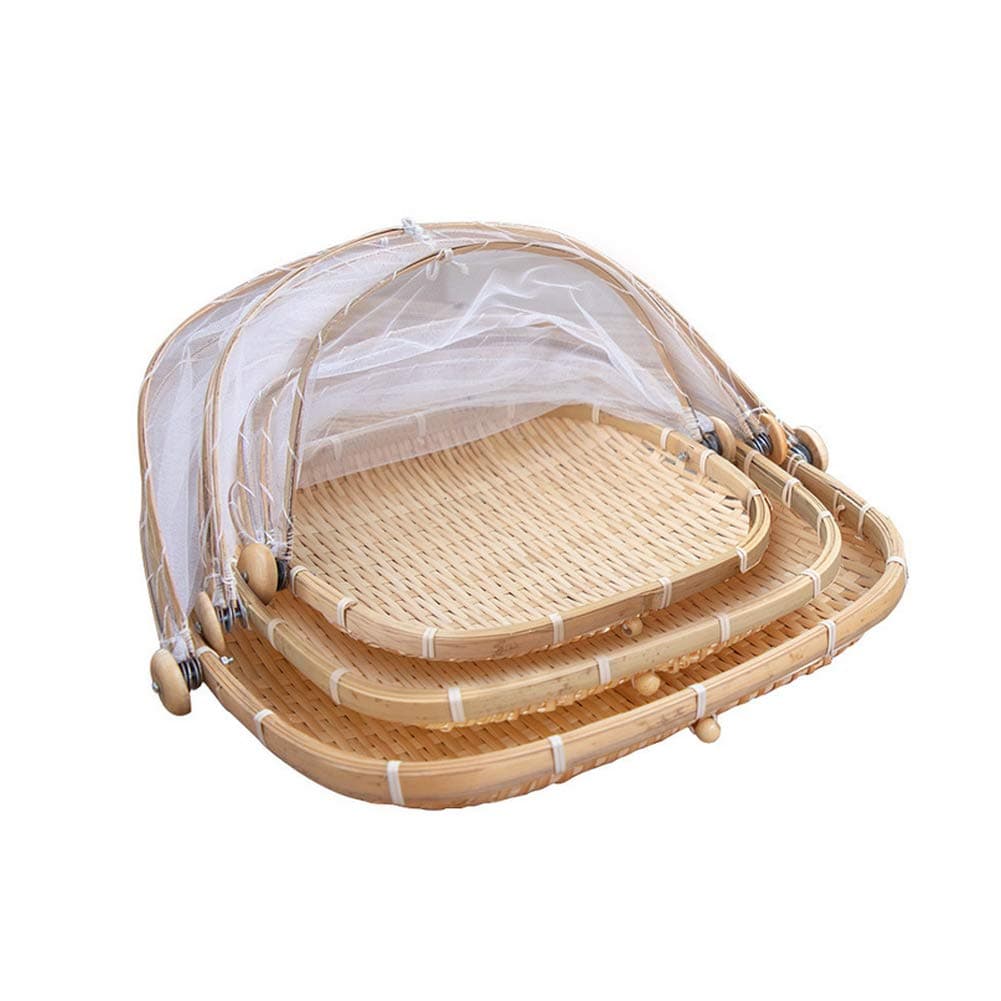 Bamboo Tent Basket Food Serving, Mesh Cover, Hand Woven Insect Bug Proof, Dustproof Fruit Vegetable Bread Storage Container for Picnic, Outdoor, Home Drying (Square Set,3 pcs)