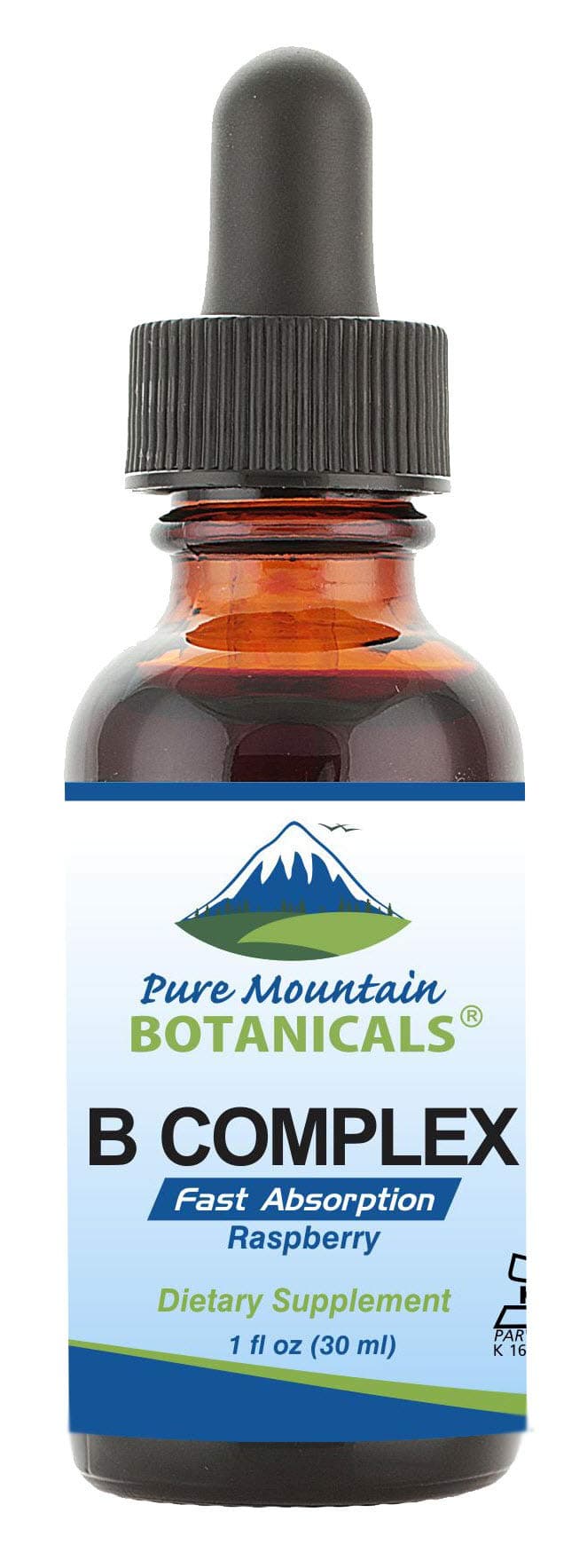 Pure Mountain Botanicals Liquid Vitamin B Complex - Raspberry Flavor Kosher B Complex Vitamin with B12, B6, Thiamin, Biotin, Niacin - 1oz Bottle