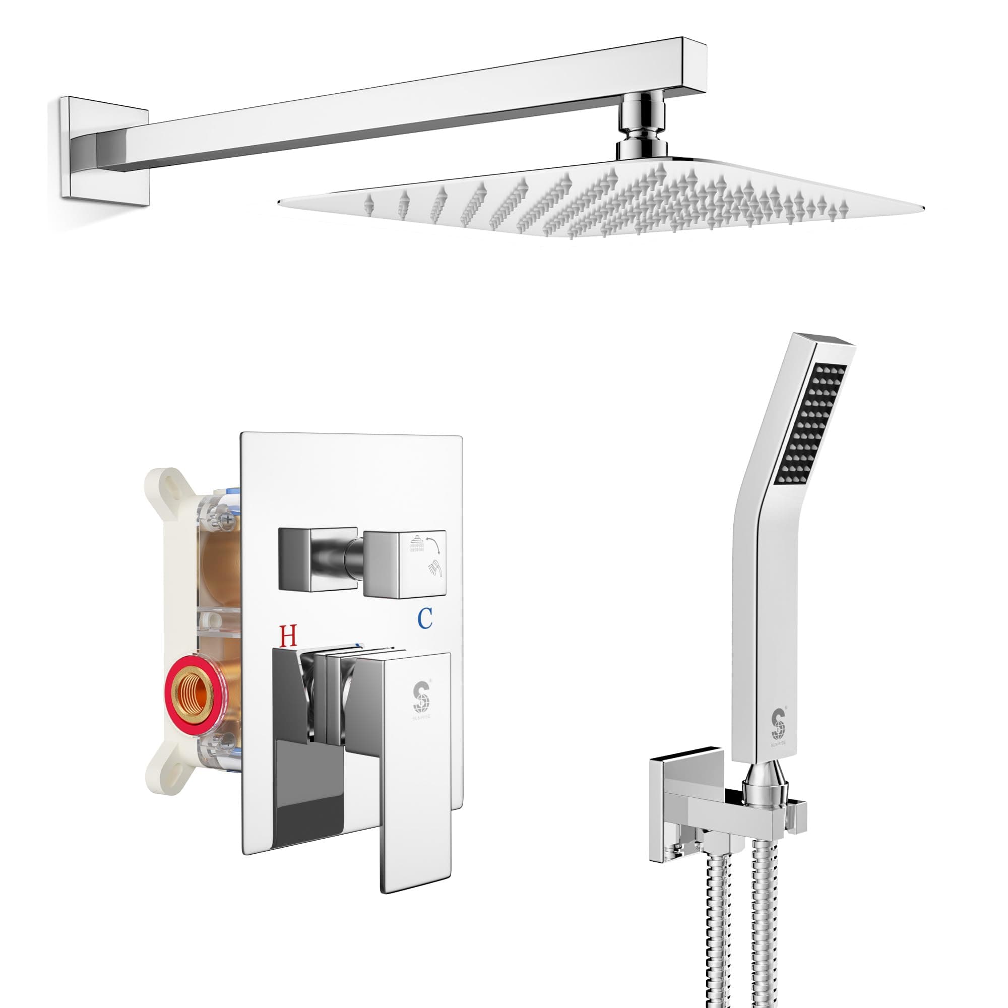 SR SUN RISE Polished Chrome Square Rainfall Shower Head and Handle Set, Wall Mounted Shower Fixtures, Metal Shower Faucet Trim Repair Kits (With Shower Valve)
