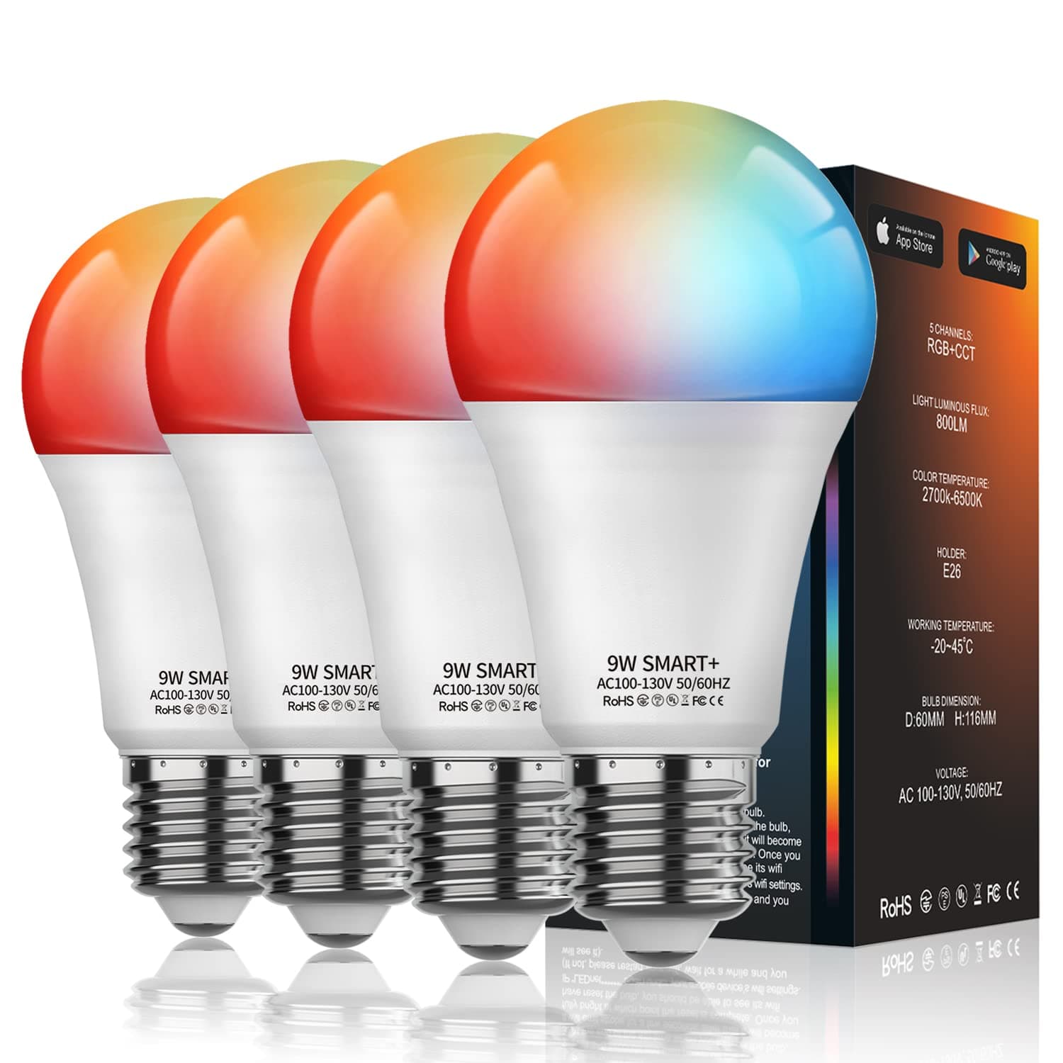 MagicLightSmart Light Bulbs 4 Pack, A19/E26 60W Equi 800LM Color Changing Light Bulb, 2700-6500K, Dimmable by App, Music Sync, Schedule, WiFi & Bluetooth LED Bulb Works with Alexa Google Home