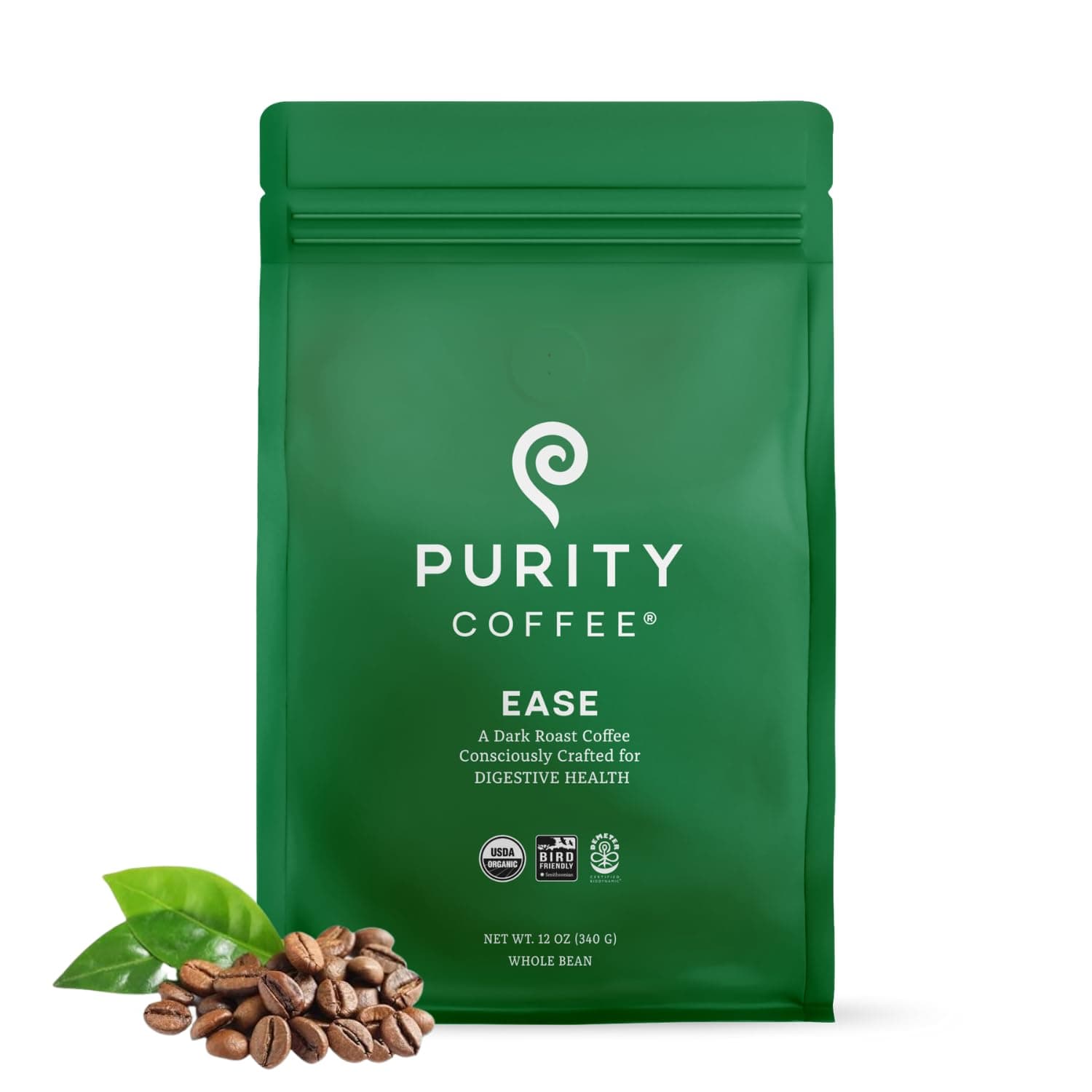 Purity Coffee EASE Low Acid Dark Roast Whole Bean (12oz Bag) | Specialty-Grade USDA Organic Arabica Blend | Third Party Tested for Mold, Mycotoxins & Pesticides