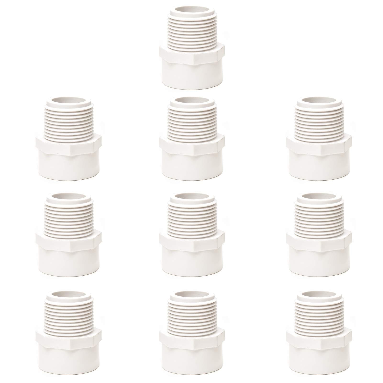 10pcs 3/4 Inch 2-Way PVC Male Threaded Adapter Adaptador macho Fittings (Socket x Male Pipe Thread) Coupling Schedule 40-10 Pack White (0.75 Inch)
